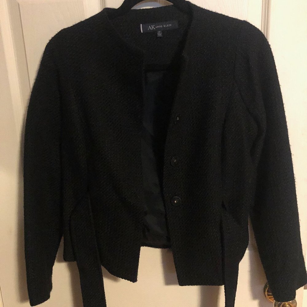 Ann Klein Black Tweed Tie Suit Jacket Size 2P